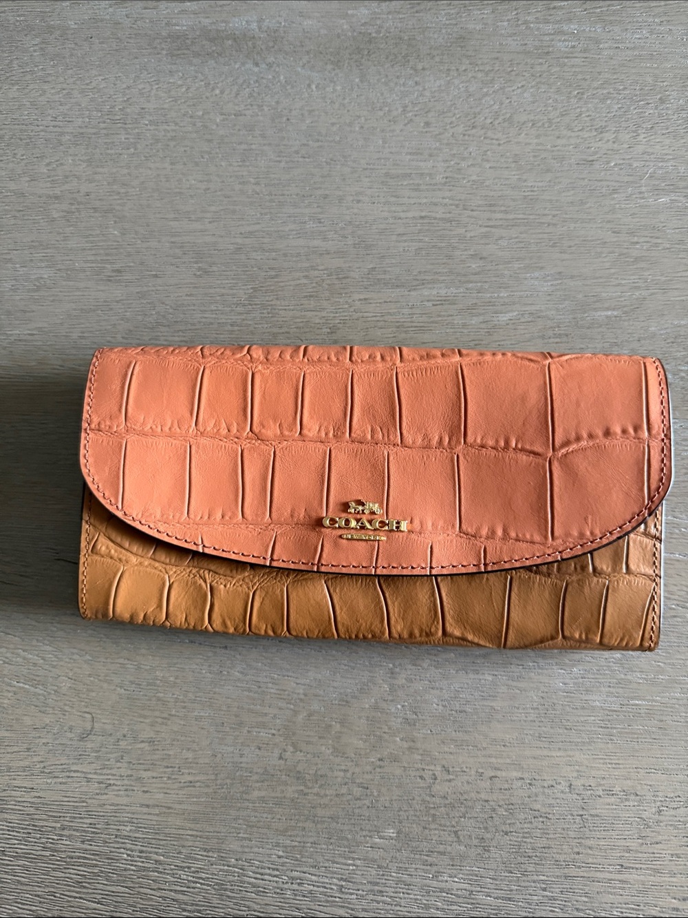 Coach Croc-Embossed Leather Fold Wallet in Coral and Tan